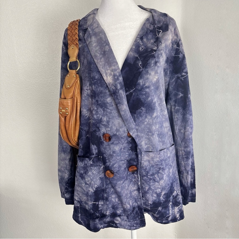 Amadi Tie Dye Linen Blend Blazer S Blue Double Breasted Lightweight